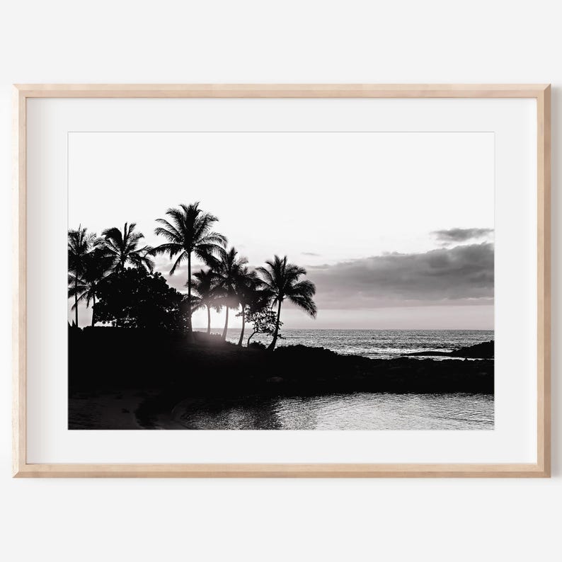 Impressão digital em preto e branco de palmeira, Oahu, Havaí, decoração tropical, arte de parede costeira, arte havaiana, impressão oceânica, arte costeira. imagem 1
