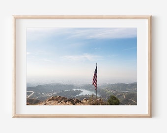 USA Flag Photography, Hollywood Sign Hike Photo, Cahuenga Peak, Wisdom Tree, Wall Art California, Los Angeles Wall Art, Photography Print