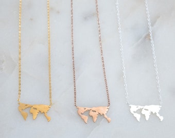 Collana con mappa del mondo / Oro, argento o oro rosa / Gioielli da viaggio in acciaio inossidabile