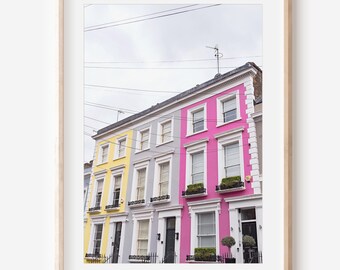 Arte di Notting Hill, download digitale, stampa di viaggi a Londra, arte murale della città di Londra, case colorate, fotografia di Londra, arte della casa, stampa della città