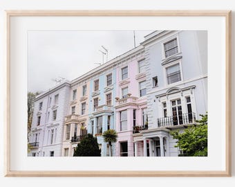 Stampa di Notting Hill Street, download digitale, stampa artistica da parete di Londra, paesaggio urbano di Londra, stampa di case di Londra, case colorate, arte di Londra