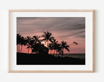 Impresión de palmeras, fotografía de puesta de sol, arte tropical, decoración de paredes costeras, Oahu Hawaii, arte de palmeras, hojas tropicales, impresión oceánica