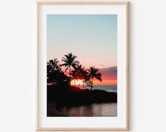Oahu Hawaii, Fotografía de puesta de sol, Impresión de palmeras, Foto de Hawái, Arte hawaiano, Arte de palmeras, Decoración costera, Arte de pared tropical, Arte oceánico