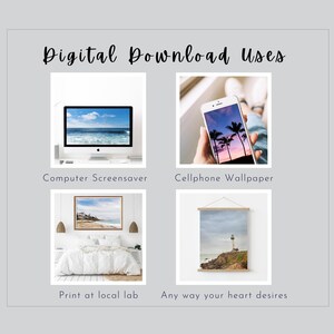 May include: A collage of images showing different ways to use digital downloads. The first image shows a computer screen with a beach scene as a screensaver. The second image shows a phone with a beach scene as a wallpaper. The third image shows a printed photo of a beach scene hanging on a wall. The fourth image shows a printed photo of a lighthouse hanging on a wall.