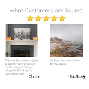 May include: Two customer reviews with five stars and images of their purchases. The first review says "This was the perfect digital to use for canvas above my fire place. Enlarged image to 30x40 and it looks beautiful! -Claire". The second review says "It's beautiful and perfect for my space. -Brittany".