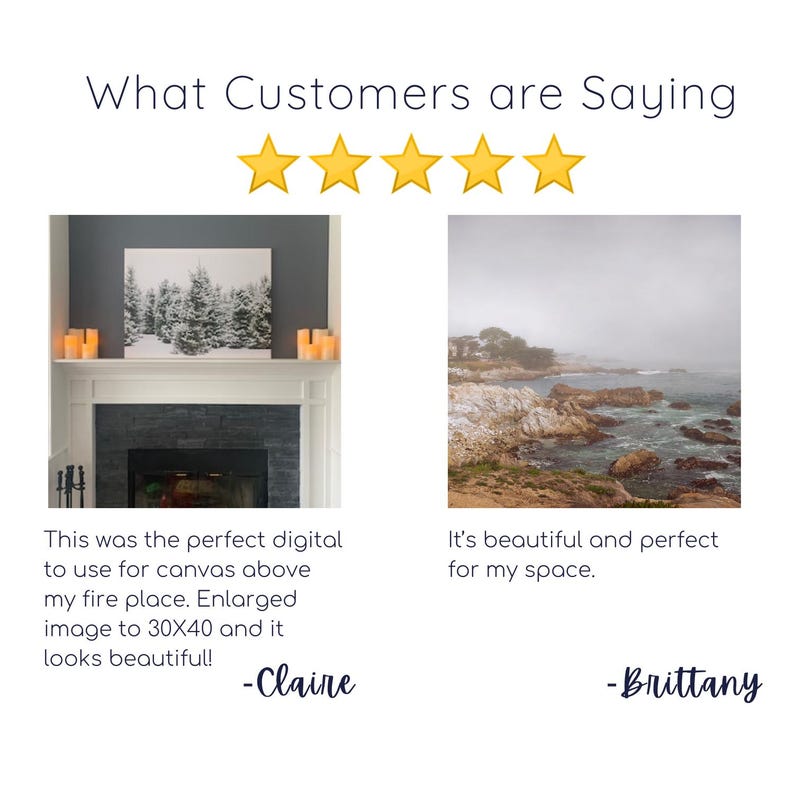 May include: Two customer reviews with five stars and images of their purchases. The first review says "This was the perfect digital to use for canvas above my fire place. Enlarged image to 30x40 and it looks beautiful! -Claire". The second review says "It's beautiful and perfect for my space. -Brittany".