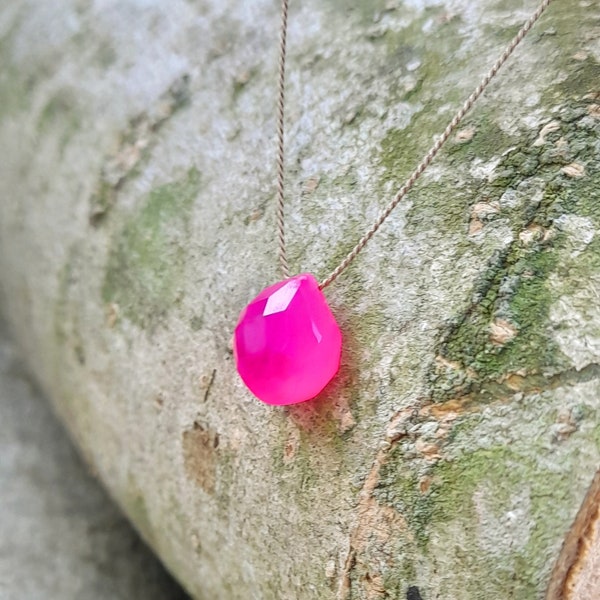 Hot pink Necklace, Barbie Necklace, Minimalist Necklace, pink chalcedony gemstone, Bohemian Gift, Heart Briolette Gemstone, beach, silk