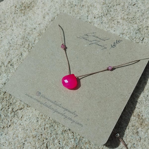 Hot pink Chalcedony necklace. Heart Gemstone necklace. Silk necklace. Knotted gemstone necklace. Beige silk. Fine silk necklace. Organic.
