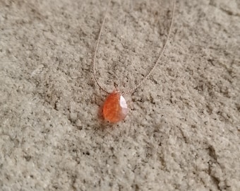 SUNSTONE Necklace, Fine silk Necklace, pear Briolette, Bohemian, crystal, tiny gemstone Necklace, Floating silk, organic silk cord, minimal.