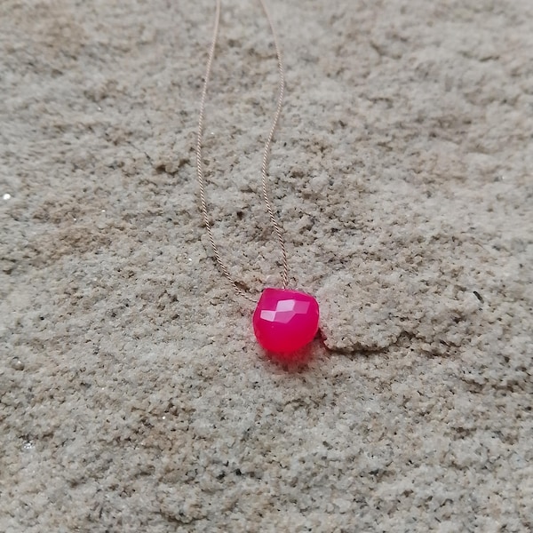 Silk Necklace, Heart Briolette, Knotted Silk, Hot pink chalcedony, Fine silk cord Surf Necklace, gemstone necklace, B.A.R.B.I pink necklace.
