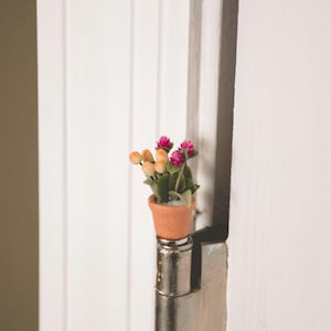 May include: A miniature terracotta pot filled with small flowers in shades of pink, orange, and green. The pot is perched on a silver hinge, set against a white door and frame.