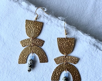 SUMMER DUSK brass arch Dalmatian jasper beaded modern statement earrings