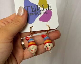 Spooky Clown Charm Gold Hoop Earrings