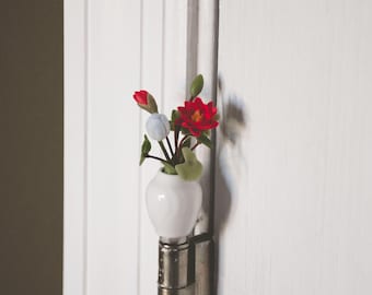 Miniature Blue Tulips and Red or White Lotus in White Ceramic Vase Magnetic Hinge Topper (LOTUS OPTIONS)