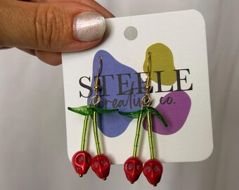 Spooky Skull Cherry Stems Gold Dangle Earrings