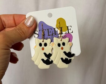 Spooky Ghost Cats and Bats Polymer Clay Earrings