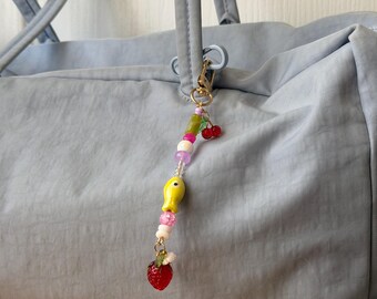 Medium Gold Pink and Purple Cherry Strawberry Fish Modern Beaded Bag Charm Keychain