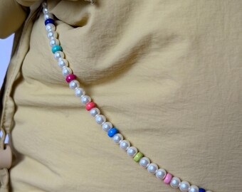 Pearls and Multicolor VINTAGE Beads Modern Long Double Clasp Bag Strap
