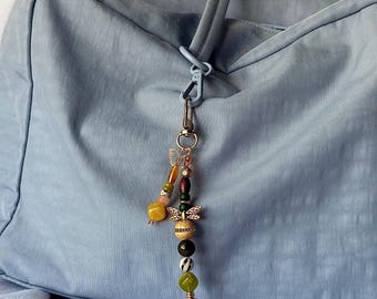 Medium Gold Mushroom Butterfly Dragonfly Earth Tone Neutral Modern Beaded Bag Charm Keychain