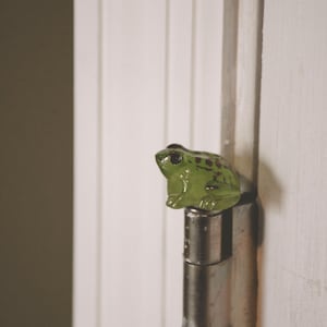 May include: A small, green frog figurine with black eyes and dark spots sits atop a metal hinge. The frog is positioned against a white door and a dark wall, creating a contrast in colors. The hinge is attached to the door.