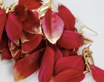 Garnet Gold Dipped Feather Statement Earrings