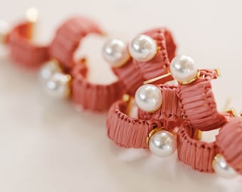 Mini Pink Raffia and Pearl Huggie Hoop Earrings