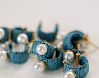 Mini Cornflower Blue Raffia and Pearl Huggie Hoop Earrings