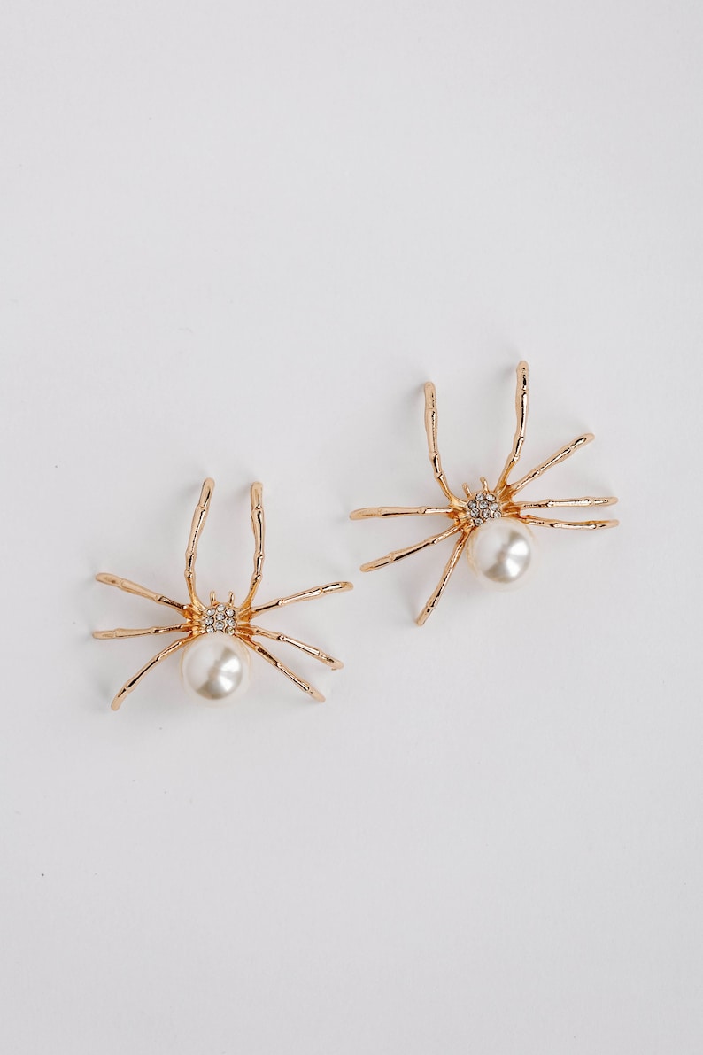 Gold Spooky Spider and Pearl Halloween Statement Earrings image 3