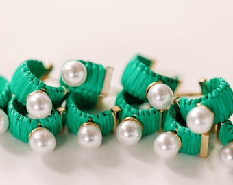 Mini Green Raffia and Pearl Huggie Hoop Earrings