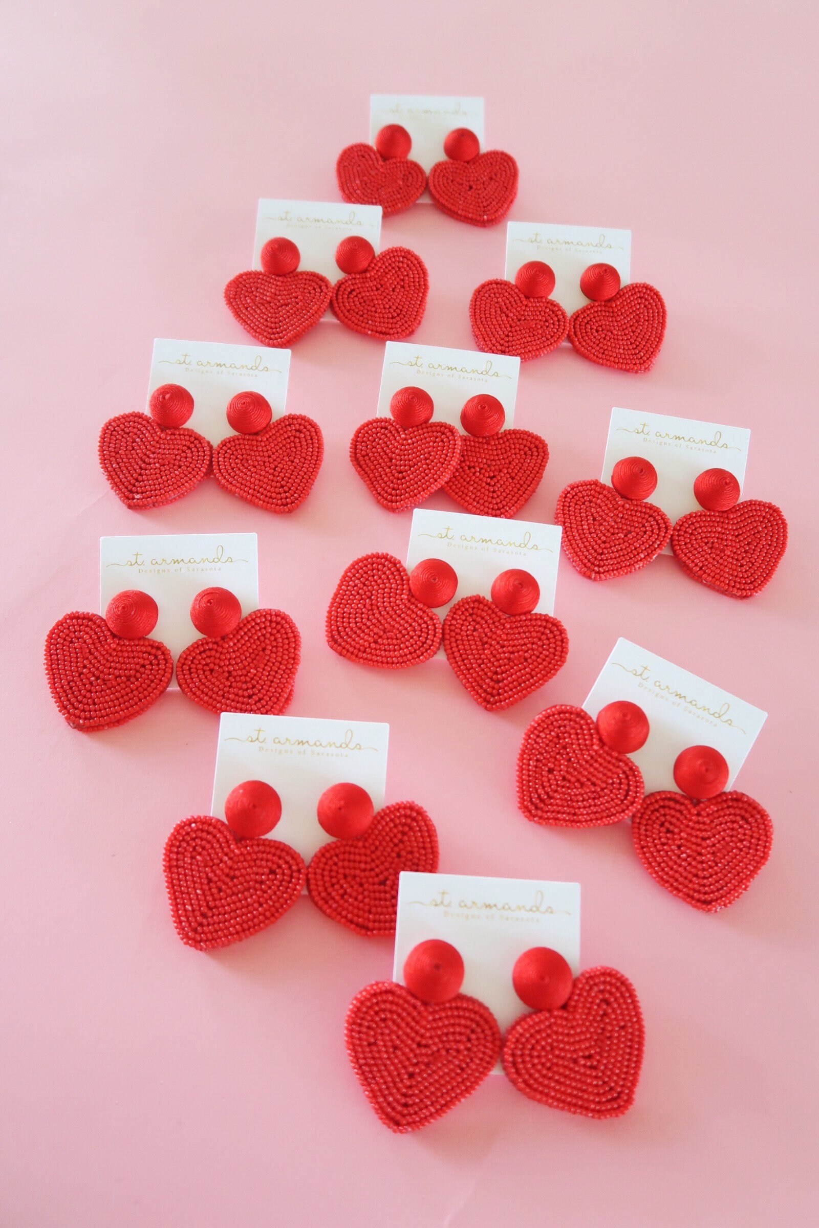 Valentines Day Red Beaded Heart Statement Earrings