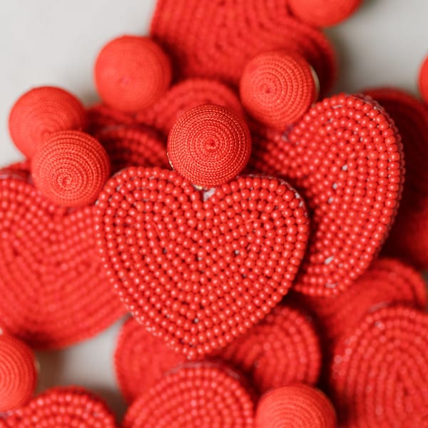 Valentines Day Red Beaded Heart Statement Earrings