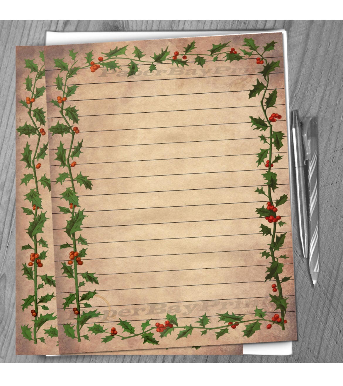 printable writing paper vintage christmas holly border old etsy india
