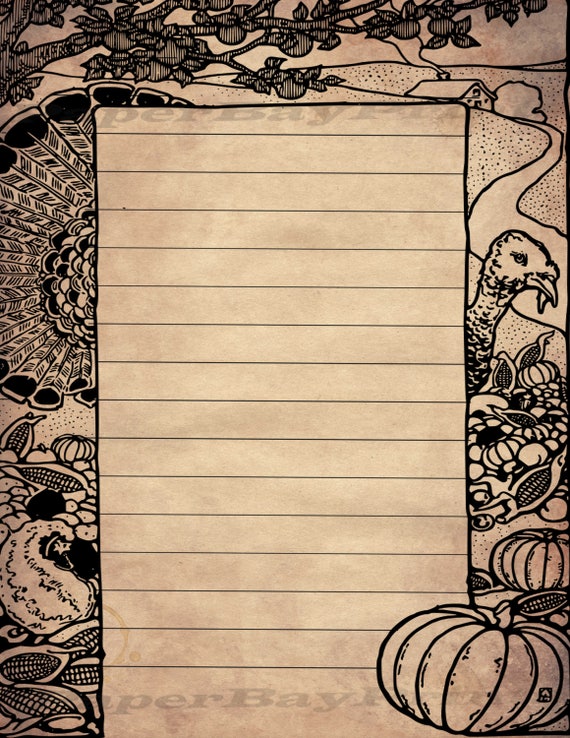 printable writing paper vintage thanksgiving border old scrapbook paper background lined paper template instant download old writing paper template