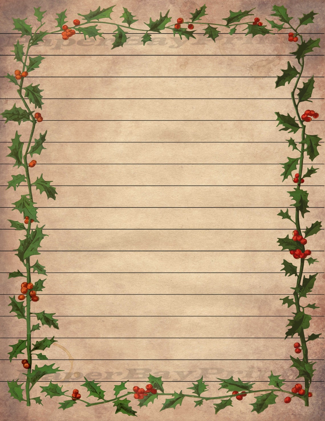 printable writing paper vintage christmas holly border old