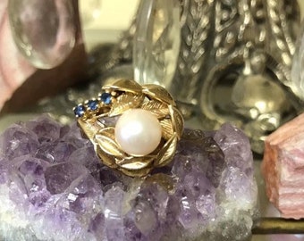 Favoloso anello vintage 14k con corona di alloro perlato