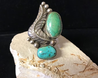 Anello vintage Navajo sterling Carico verde lago e turchese blu misura 8 enorme anello di dichiarazione vecchia pedina dei nativi americani