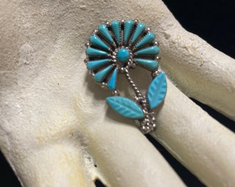 Laate Zuni Broche pendentif fleur turquoise en argent sterling sculpté au petit point
