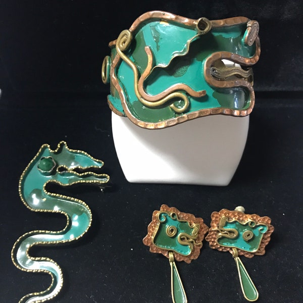 Vintage Casa Maya by Hubert Harmon copper brass enamel Demi Parure bracelet brooch /pendant earrings “The dragon” rare mid century set