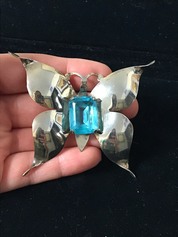 Huge Sterling butterfly blue topaz rhinestone broo