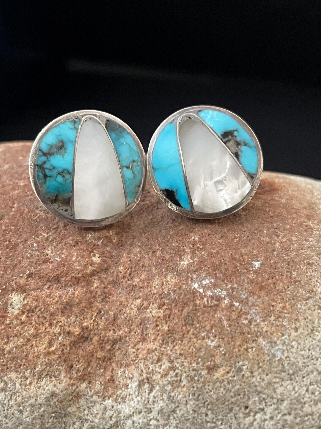 Vintage Sterling Silver Turquoise & Mother of Pearl Inlay Earrings ...