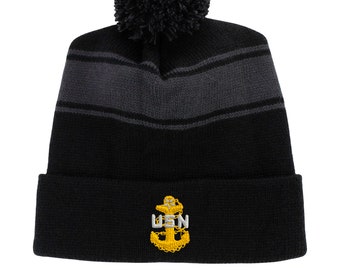 Navy E8 Chief Chief Officer Rank Bordado Pom Beanie