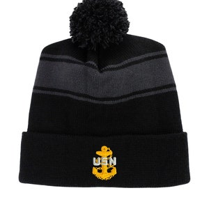 Navy E7 Chief Petty Officer Rank Embroidered Pom Beanie
