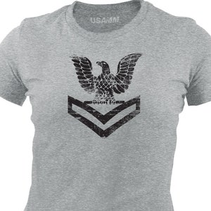 Women&#39;s Officially Licensed Distressed Navy E5 Petty Officer 2nd Class Rank T-Shirt