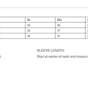 May include: A product measurements chart with chest, sleeve length, and body length at back measurements. Sizes range from S to 5XL, with chest measurements from 20 to 34 inches. Sleeve lengths are from 33 to 40 inches.