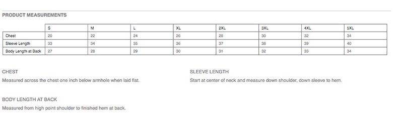 May include: A product measurements chart with chest, sleeve length, and body length at back measurements. Sizes range from S to 5XL, with chest measurements from 20 to 34 inches. Sleeve lengths are from 33 to 40 inches.