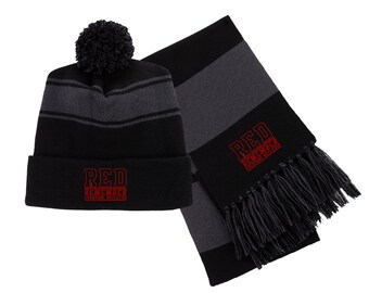 Remember Everyone Deployed (RED) Embroidered Scarf & Pom Beanie Set