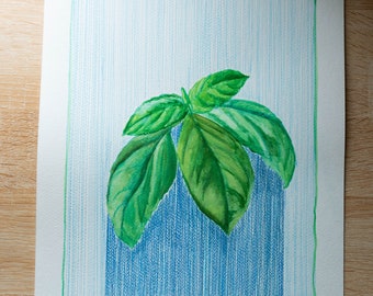 Original Watercolor Series - In My Garden: Basil in the Rain (11x14in)