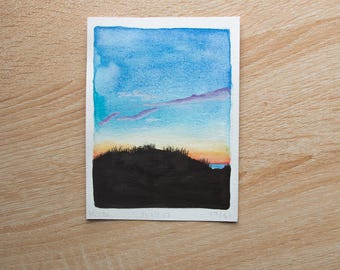 July 17th: Sunset Dunes Silhouette (watercolor, 4.5x6in)