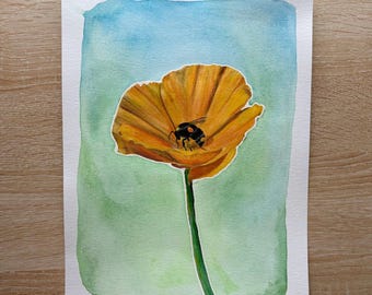 Bee and Poppy (watercolor and colored pencil, 9 x 12 in)