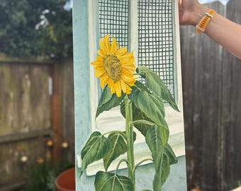 Sunflowers bloom in December (oil on canvas, 12 x 24 in)